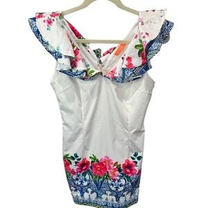 LUXMI White Floral Print‎ Ruffle Collar Sleeveless Mini Dress